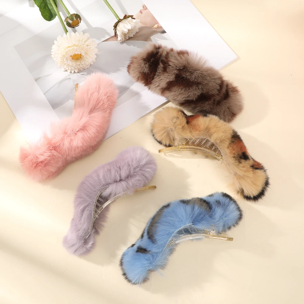 AWAYTR Winter Rex Rabbit Fur Hair Claw Faux Fur Hair Clip Barrettes Women Girls Duckbill Large Hairpins Grip Hair Accessories