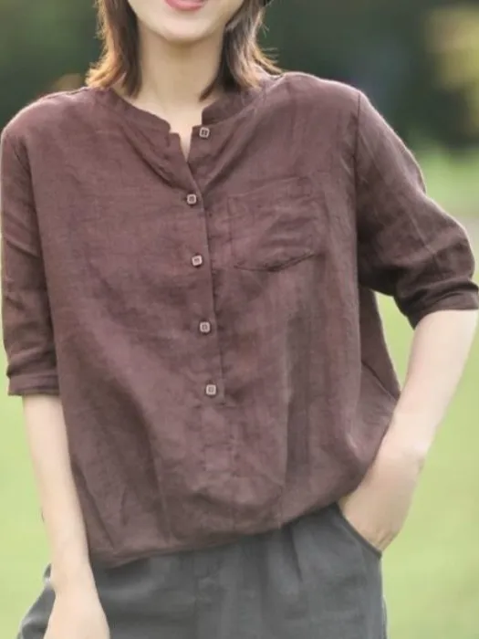 

2025 New Women's Casual Linen irt Loose Fit Summer ort Sve Stand Collar Versatile Top Korean Sle Thin Material