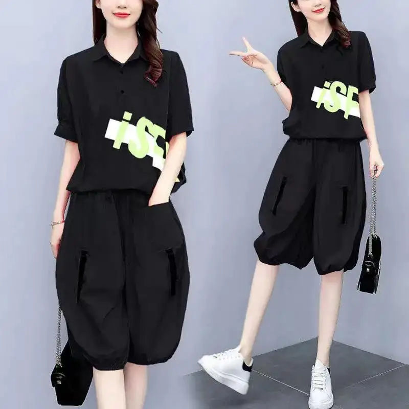 

Women's Summer New Suit Casual T-shirt Loose Wide Leg Shorts 2 Two Piece Set Shirts For Women Plus Size Fashion Korean Crop Tops