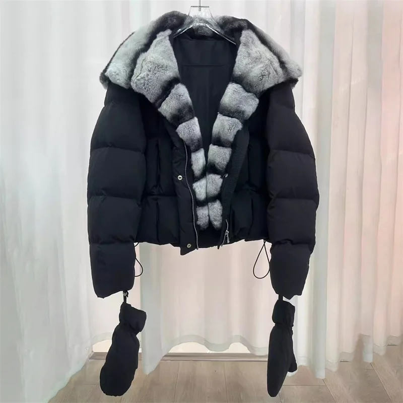 

Women's winter jacket New detachable rabbit fur collar warm thick coat for winter 2025 White duck down filling hooded down coats