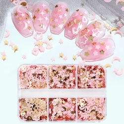Kawaii Stars Moon Nails Sequins Charms Accessories Kit Pink Gold Sakura Love Hearts Glitter Flakes Nail Art Decorations Supplies