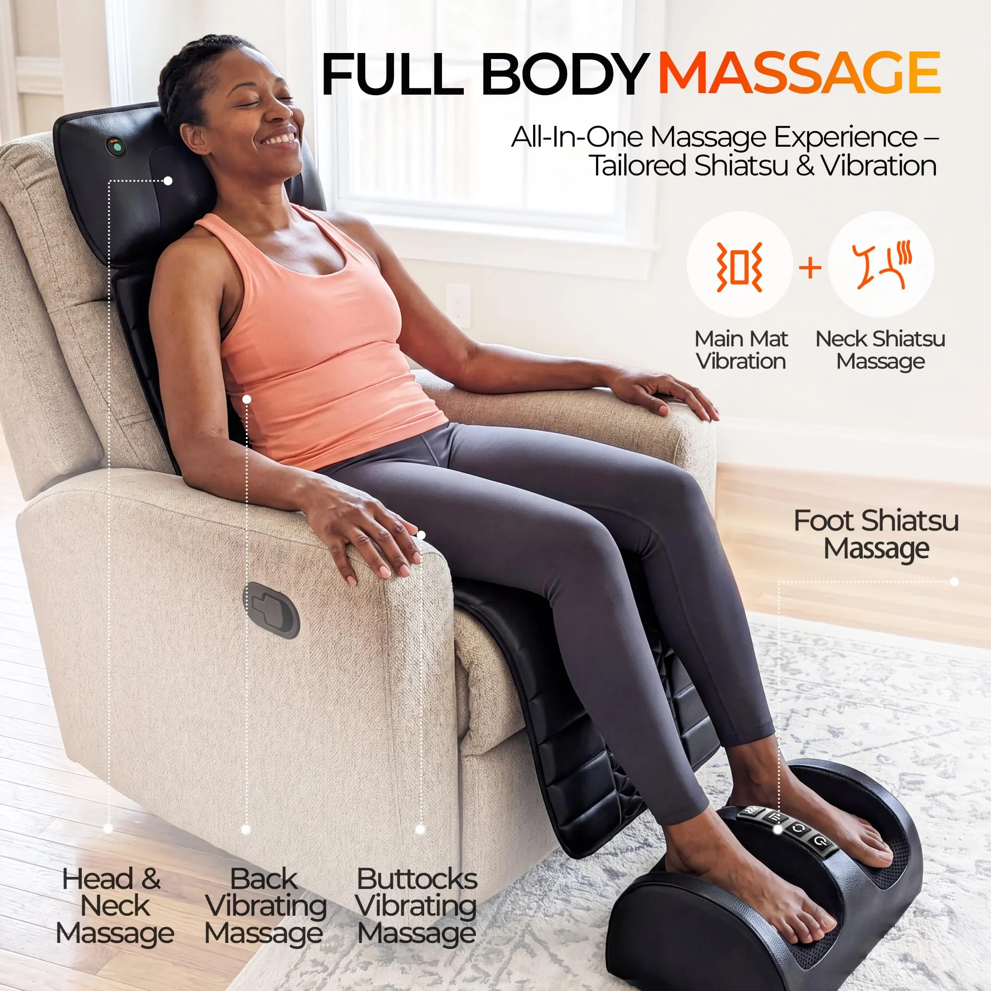 Full Body Massage Mat 10 Motors Shiatsu Neck Massager Detachable Back Pad for Reclining Chair Vibrating Heating Pain Relief Wellness Gift for Mom Dad