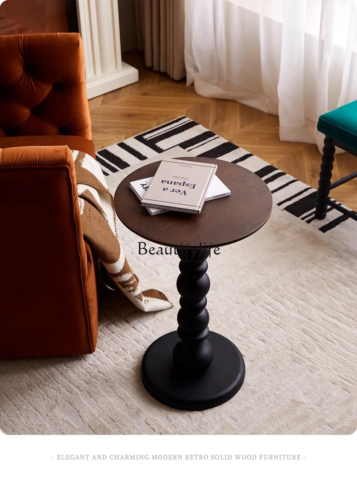 

French retro solid wood small coffee table living room small round table sofa corner coffee table bedroom mobile