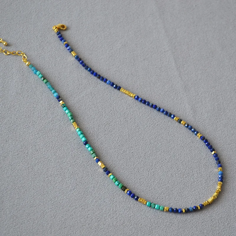Age-reducing Niche Design Retro Small Lapis Lazuli Stone Irregular Metal Beaded Thin Necklace Leisure Style Clavicle Chain Women
