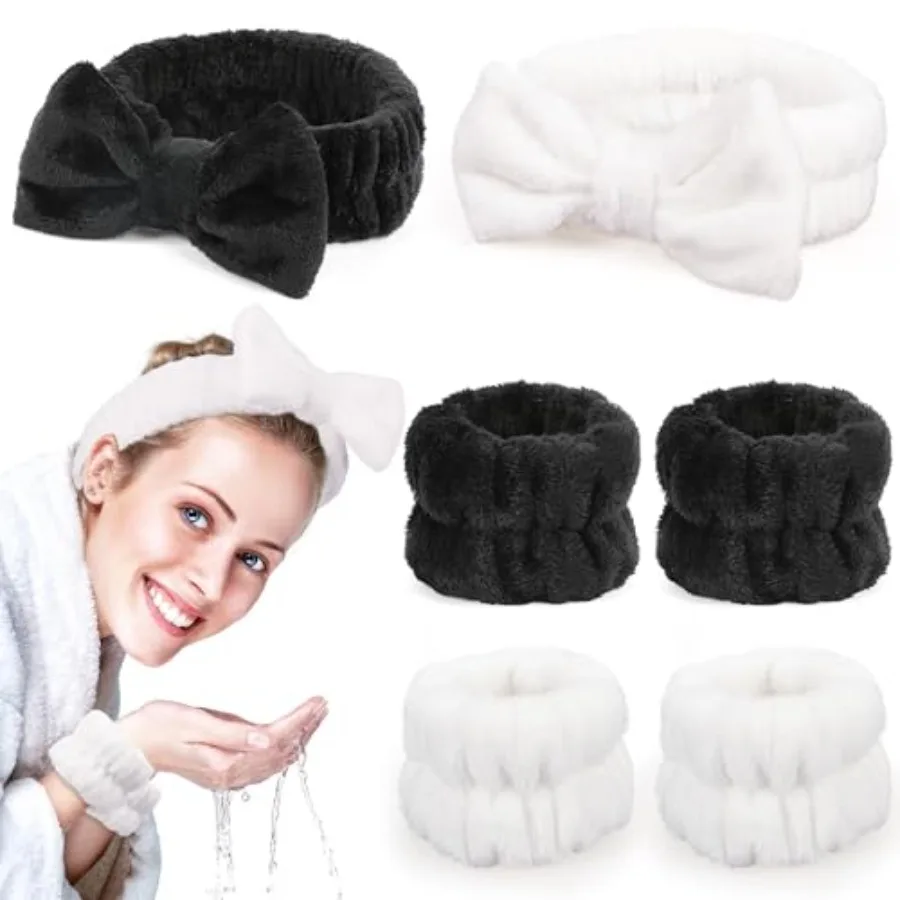 

Spa Headbands for Women with Wristband Set: Facial Makeup Headbands for Girls and Teens - Soft Coral Fleece Elastic Hair Wraps