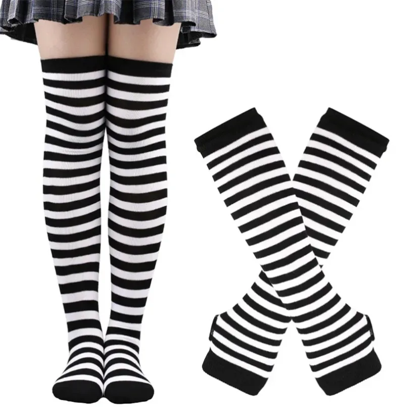 Kaos Kaki Panjang Wanita Bergaris Set Stoking Setinggi Paha Sarung Tangan Lengan Set Wanita Gadis Pink Hitam Putih Di Atas Lutut Lolita