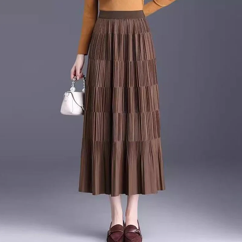 

Повседневные плиссированные юбки трапециевидной формы для женщин, осень-зима, удобные эластичные юбки с высокой талией, женская однотонная юбка