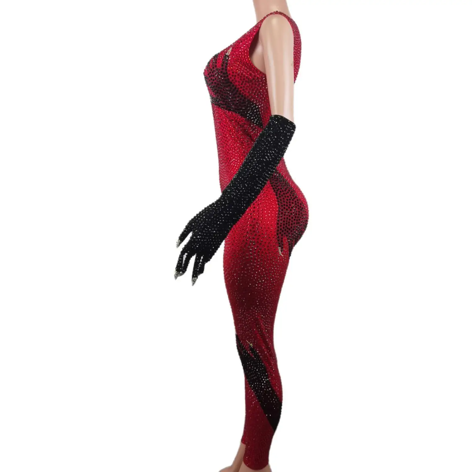 Sparkly Red Rhinestone Jumpsuit Black Hand Gloves Women Celebrate Tights Performance Costume Singer Show Stage Wear 2024 Heishou