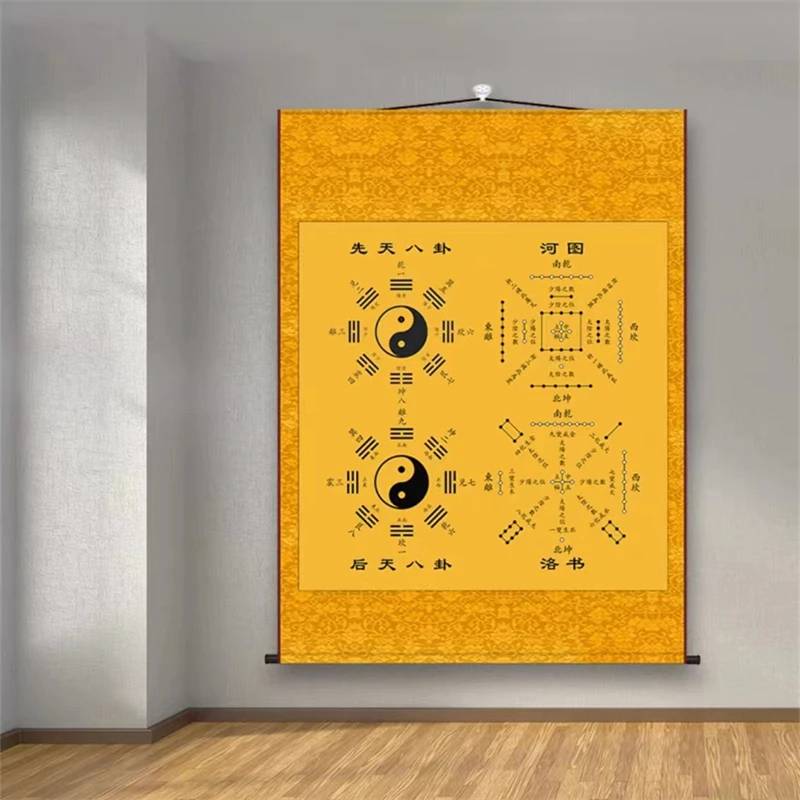 Bagua Tai Chi Diagram Hanging Painting, Hetu Luoshu Five Elements Feng Shui Yi Jing Silk Scroll Hanging Painting, Home Decoratio