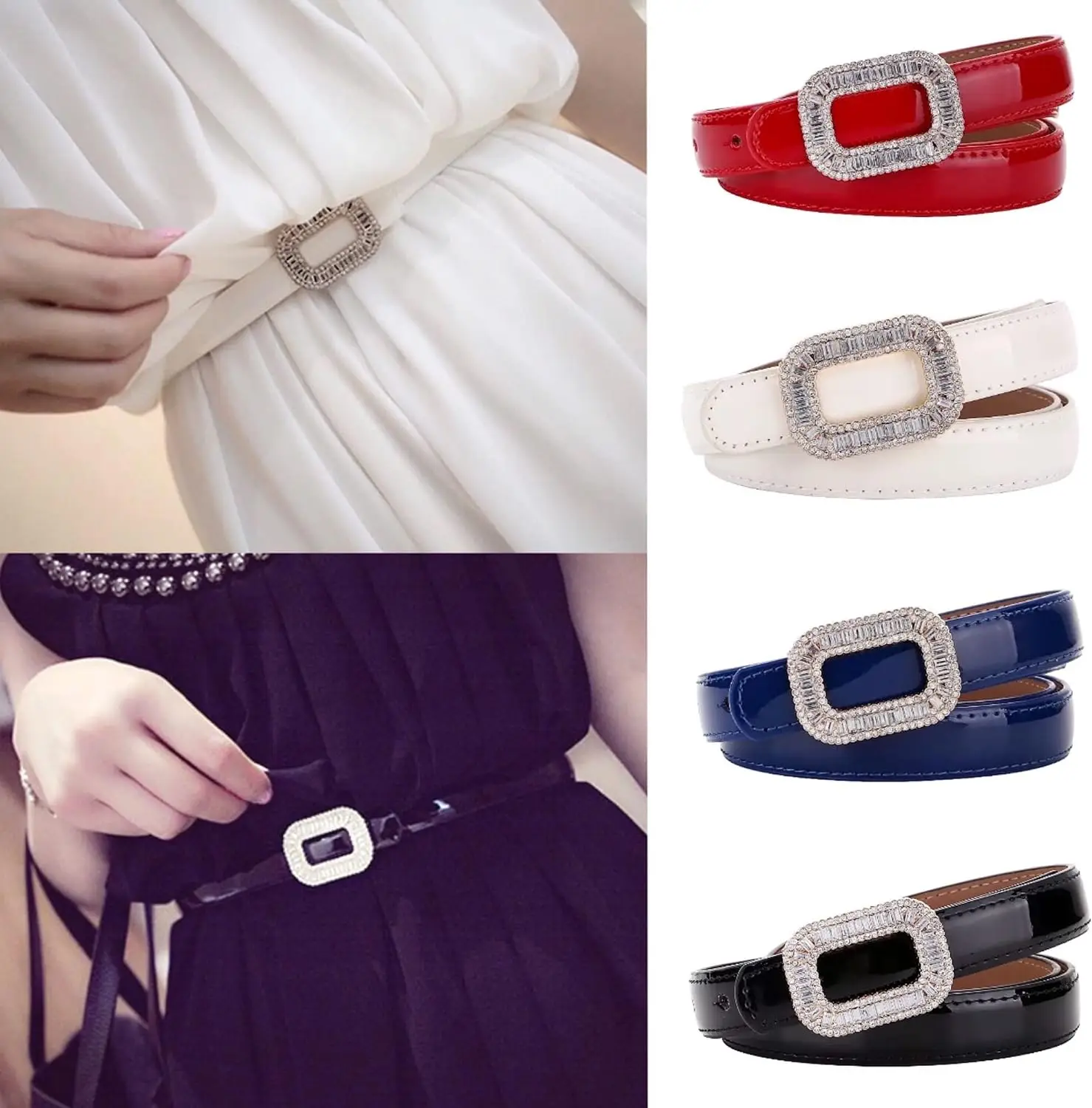 

Elegant Women's Belt Dress Genuine Leather Skinny Patent Leather Belts Gold Rectangle Shiny Rhinestone Buckle Waistband