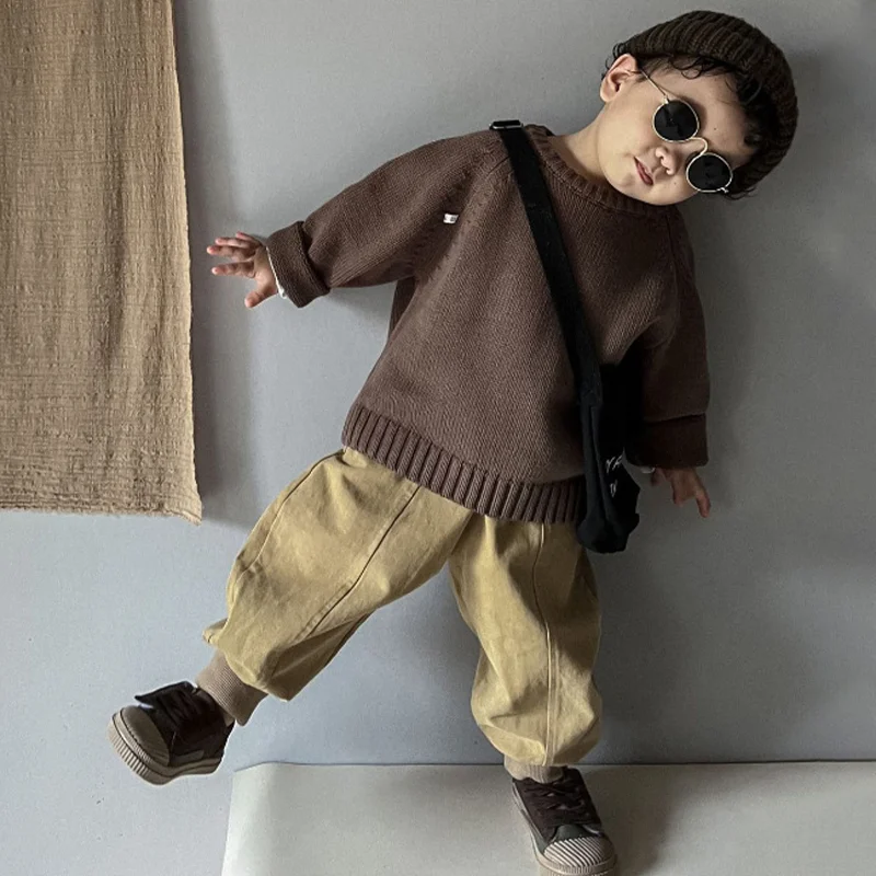 Herbst-Winter-Mode: Warme Pullover für Jungen und Mädchen, einfarbig, gestrickt, mit Rundhalsausschnitt, Oberteile für Kinder im Alter von 2 bis 8 Jahren, Unterhemd. – Detail 14