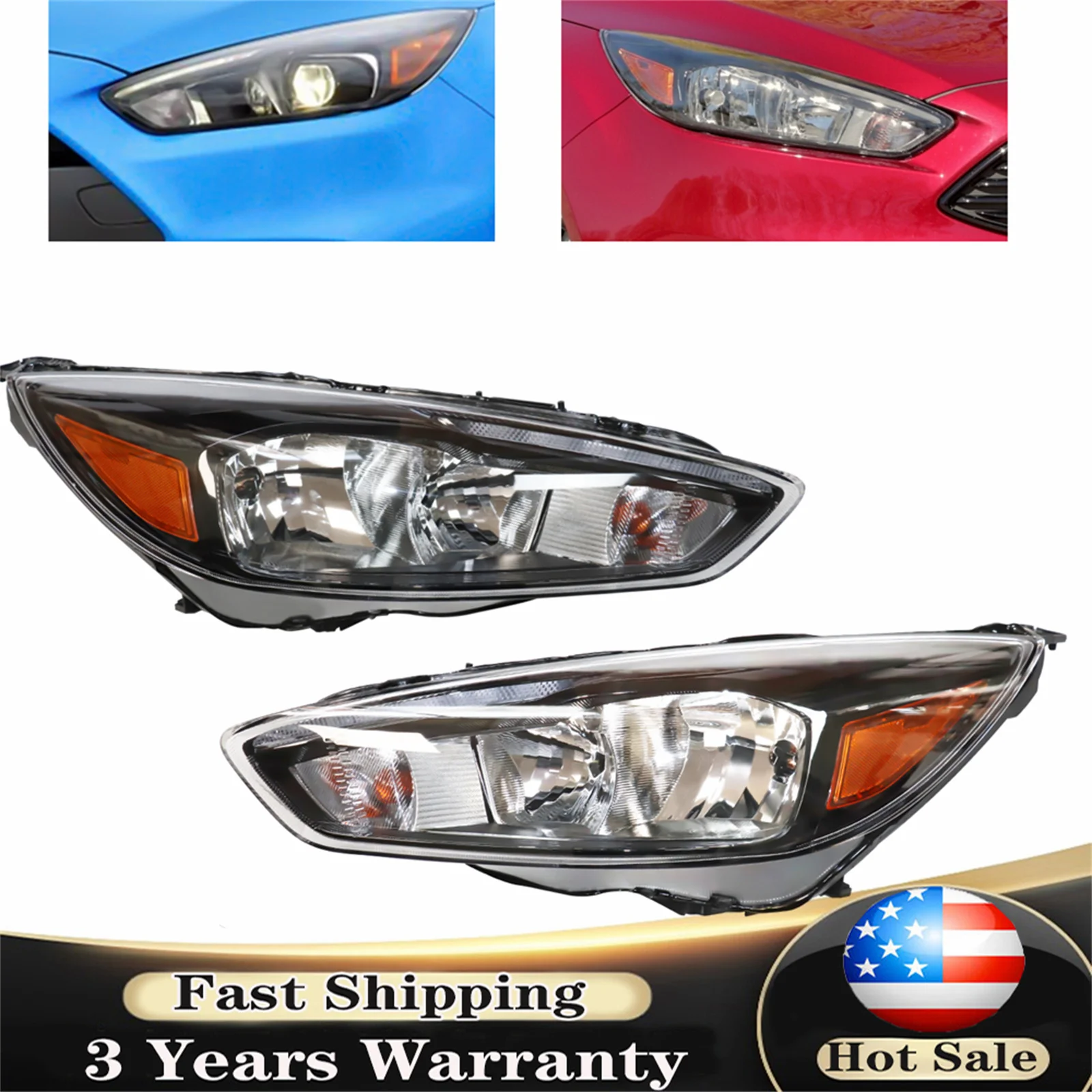 

For 2015 2016 2017 2018 Ford Focus Front Headlight Headlamp Assembly Halogen Light Driver Left Side/ Passenger Right Side/ Pair