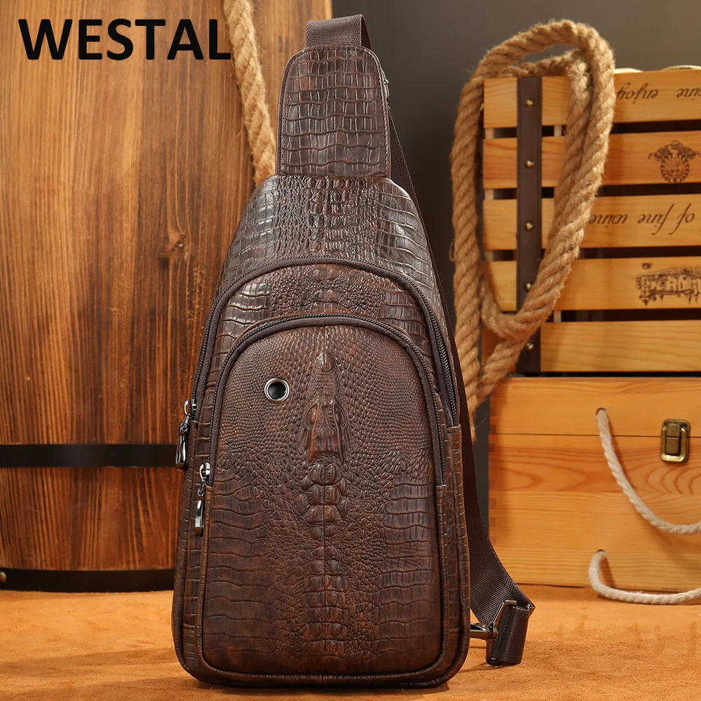 

WESTAL Cowhide Genuine Leather Crossbody Sling Bag Men Croco Embossing Chest Bag Waterproof Shoulder Bags Black for Traveling