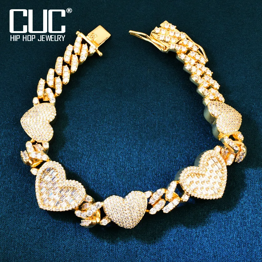 CUC 9mm Miami Cuban Chain Gold Silver Color Heart Bracelet For Men Women Iced Out Zircon Copper Charm HipHop Jewelry Link