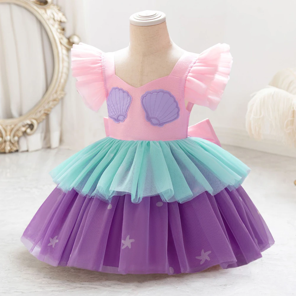 Newborn Pink 1st Birthday Dress For Baby Girl Clothes Mermaid Princess Dress Short Sleeve Girls Dresses Baptism Party Gown 0-4Y