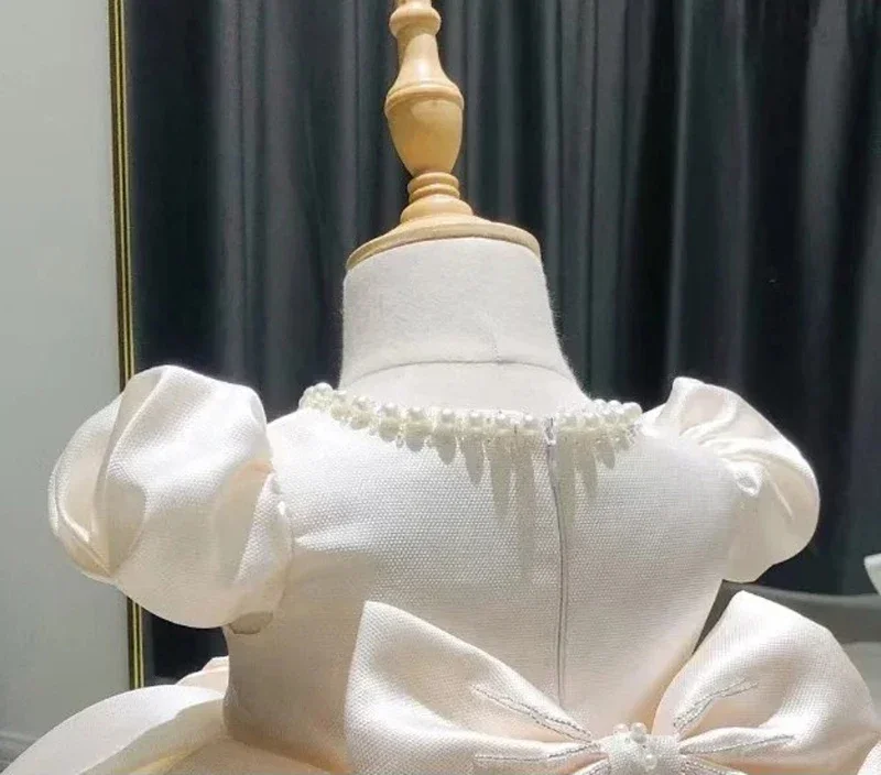 New Baby Girls Dress Beads Bow Newborn Baptism Dress Baby Girl Tutu 1st Year Birthday Party Dresses Puff Sleeves Toddler Clothes