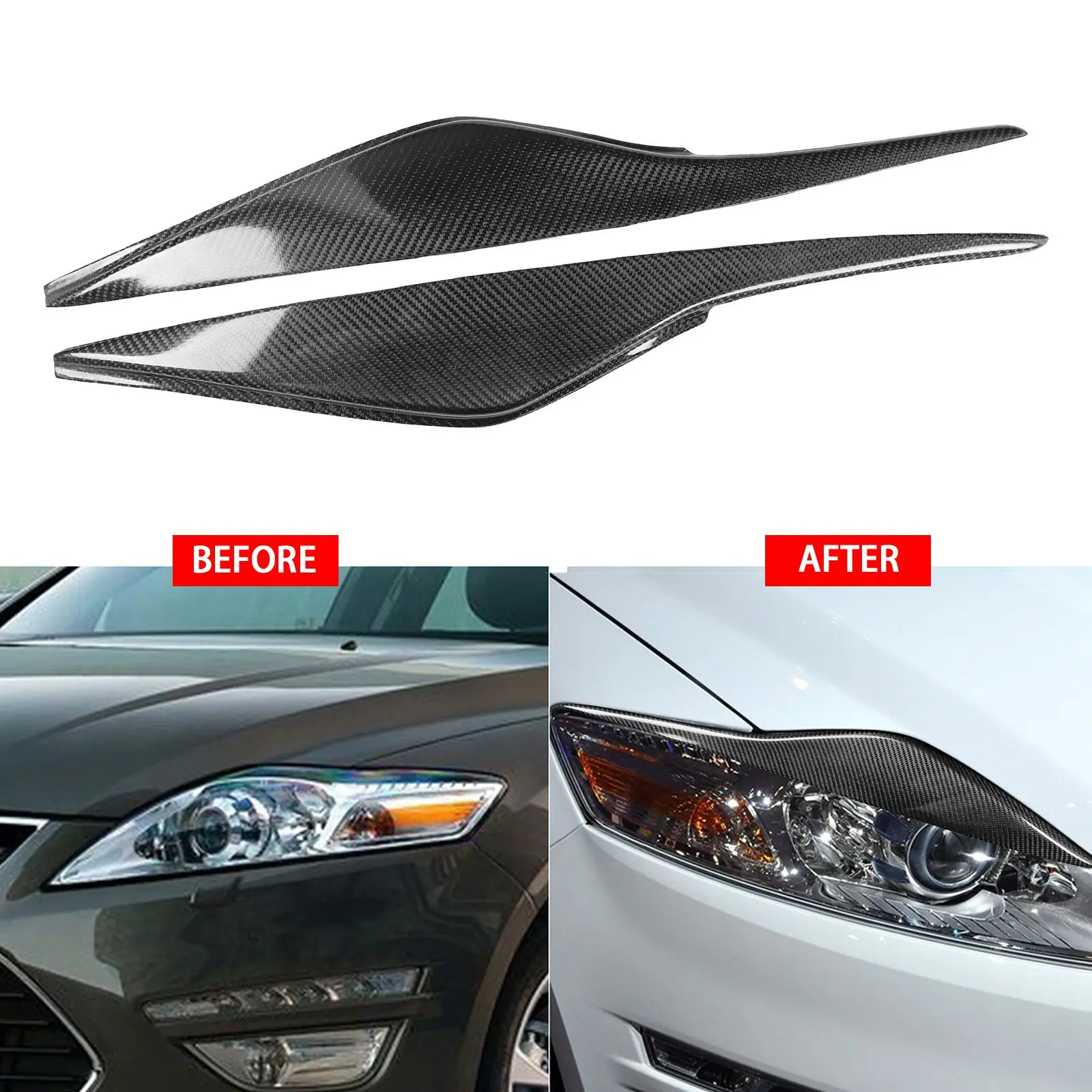 

2x Carbon Fiber Black Front Headlight Eyebrow Trim For Ford Mondeo MK4 2007-2013
