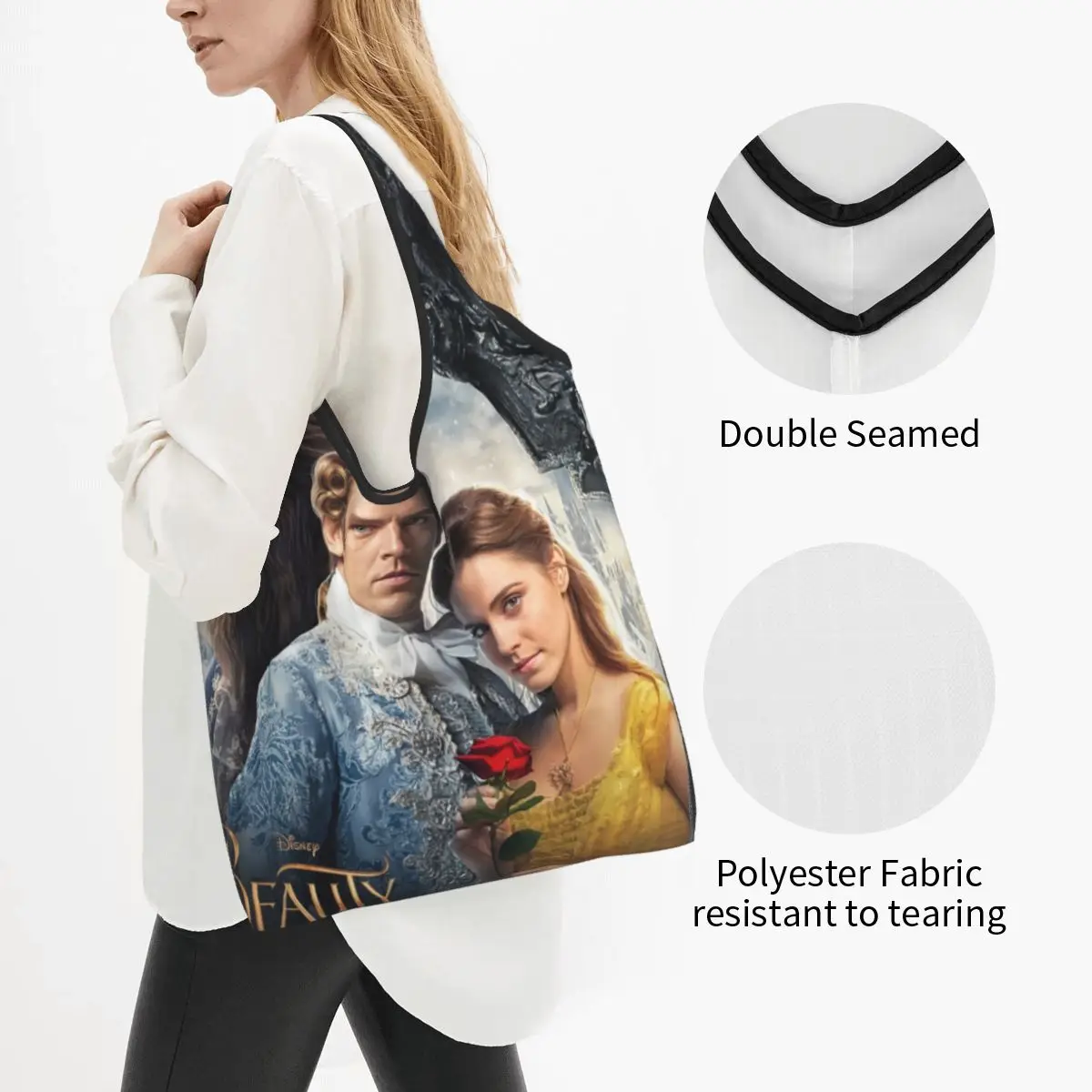 Custom Recycling Beauty And The Beast Shopping Bag Tote Bag Portable Romantic Fantasy Song And Dance Movies Grocery Shopper Bags