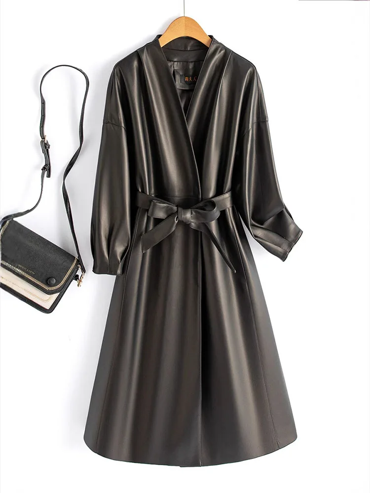 2025 Wiosenny i jesienny skórzany płaszcz z paskiem Średnio długi styl wiatrówki Temperament Moda dojeżdżająca do pracy Płaszcz z dekoltem w szpic