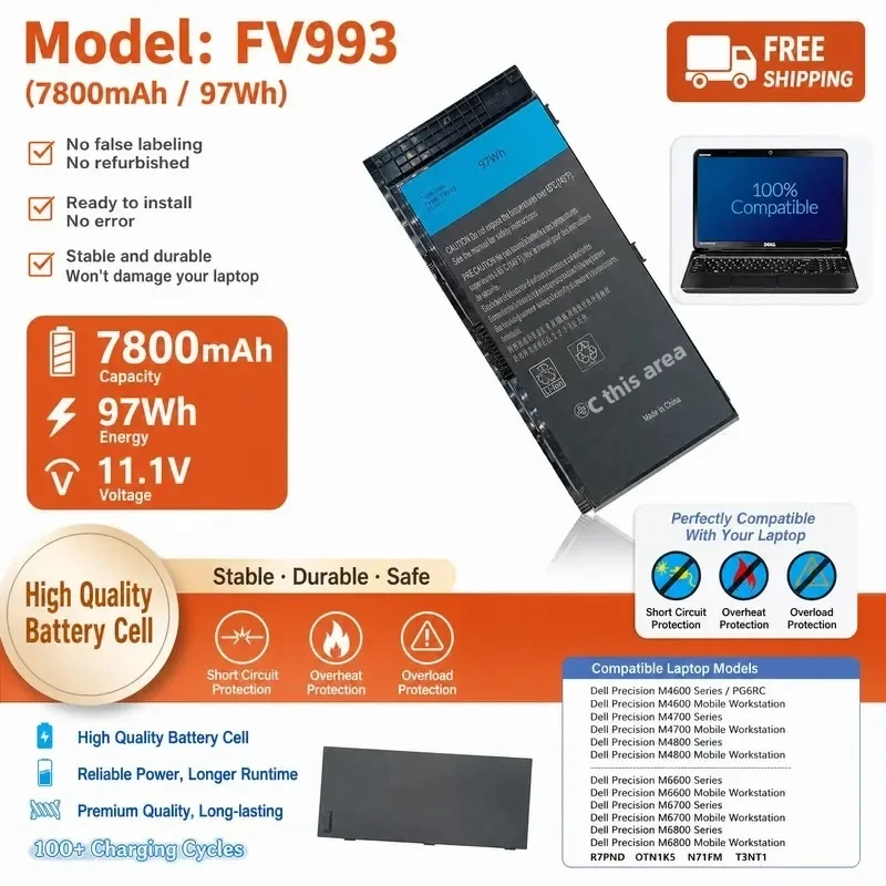 [NEW] 11.1V 97Wh 7800mAh Laptop Battery FV993 FJJ4W for Dell for Precision M4600 M4800 M6700 M6800 Notebook Battery