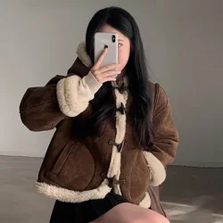 Gagarich Fashion Korean Chic Autumn Winter Retro Versatile Horn Button Fur One-piece Loose Lambhair Long Sleeved Hooded Jacket