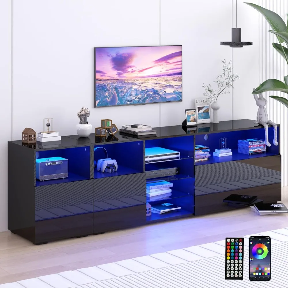 LED TV Stand for 85/75/65 Inch TV, High Glossy Modern TV Console Entertainment Center with Storage and LED Lights