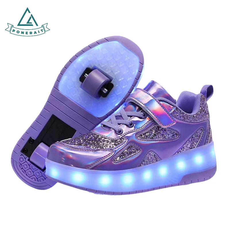 

PONERAIT Shoes with Wheels - 2 Wheel Light Up Roller Skates for Kids Unisex Casual Beginners Velcro Strap Leather Skate Shoes