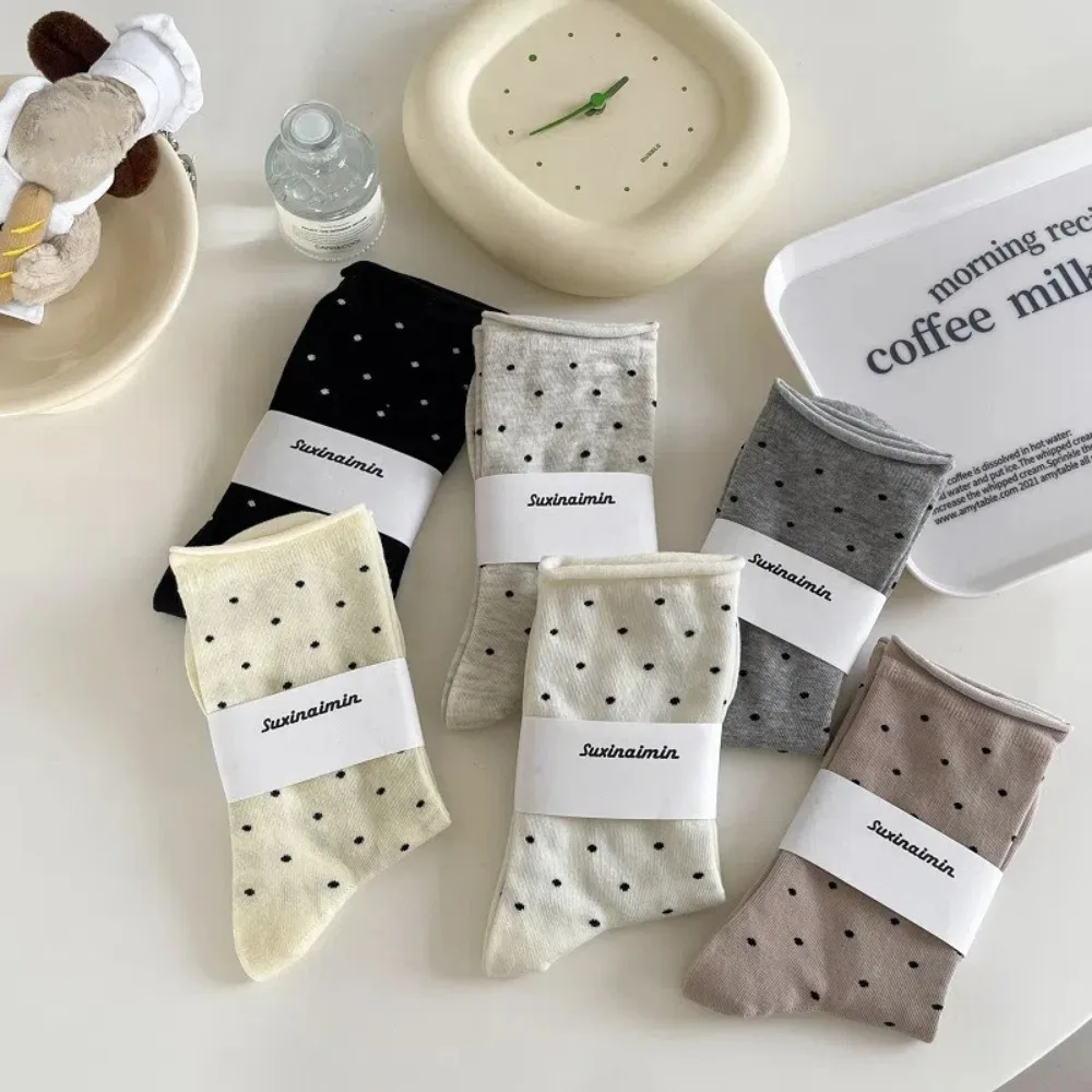 Women's Spring Summer Thin Vintage Cream Curled-edge Women's Socks Polka Dot Mid-tube Socks Artistic Socks Women's Clothing