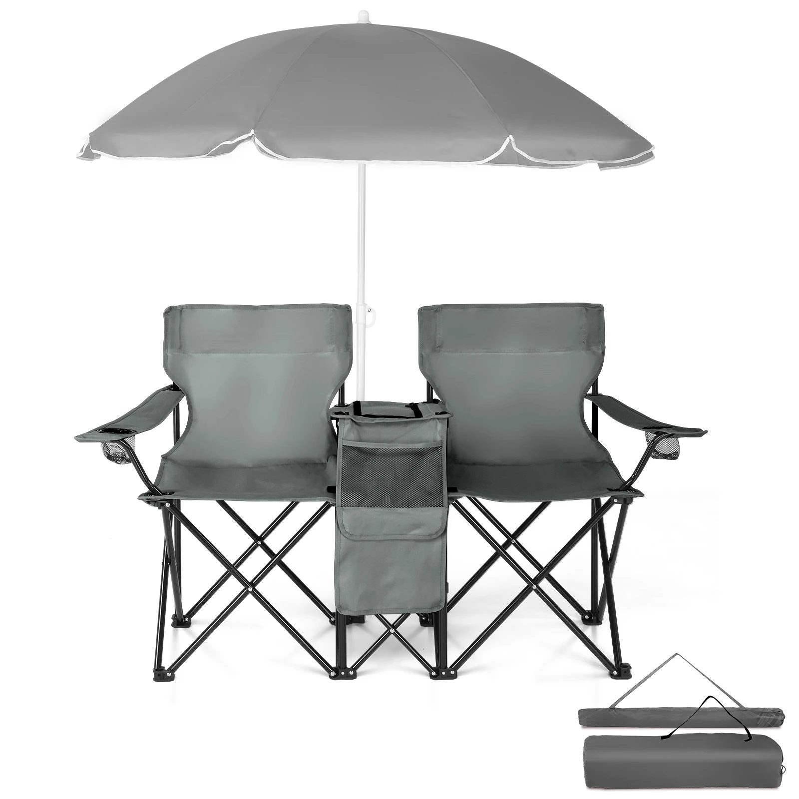 

Portable Outdoor 2-Seat Folding Chair with Removable Sun Umbrella, Gray