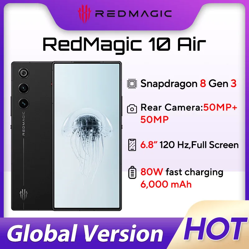 Redmagic 10 Air Snapdragon 8 Gen3 RED R3 ثنائي النوى 6.8 بوصة OLED 120 هرتز 2480*1116 دقة 6000 مللي أمبير 80 وات NFC
