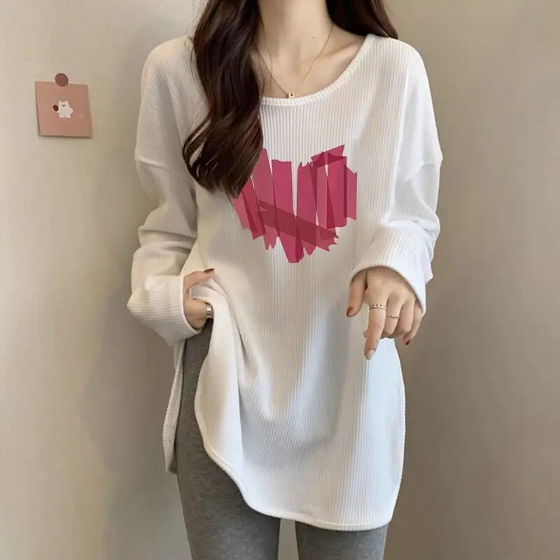 

Spring Autumn Thin Office Lady Simplicity Printing T-Shirts Casual Solid Color O-neck Long Sleeve Pullovers Women's Clothing