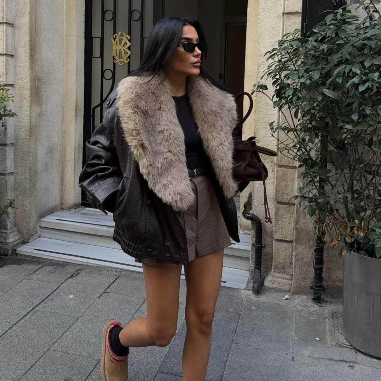 Suninheart Vintage Brown Detachable Faux Fur Collar Leather Jacket Women Short Aviator Bomber Coat Winter Streetwear Outwear