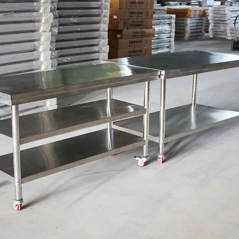 Commercial Kitchen 201 Stainless Steel Self-Cleaning Polished Finish 4-Wheel Mobile 3-Tier Worktable Restaurant Equipment
