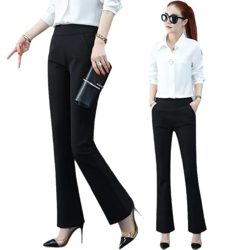 سروال طويل أسود غير رسمي متوهج للنساء، خصر عالي للربيع والخريف، ثنيات، تنحيف، أنيق مستقيم الساق متوهج قليلاً #5