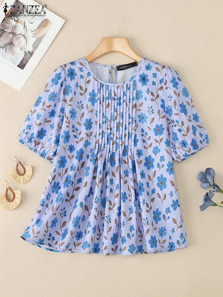 

Summer Bohemain Holiday Shirt ZANZEA Women Floral Printed Blouses Casual O Neck Short Sleeve Tops Female Loose Blusas Chemise