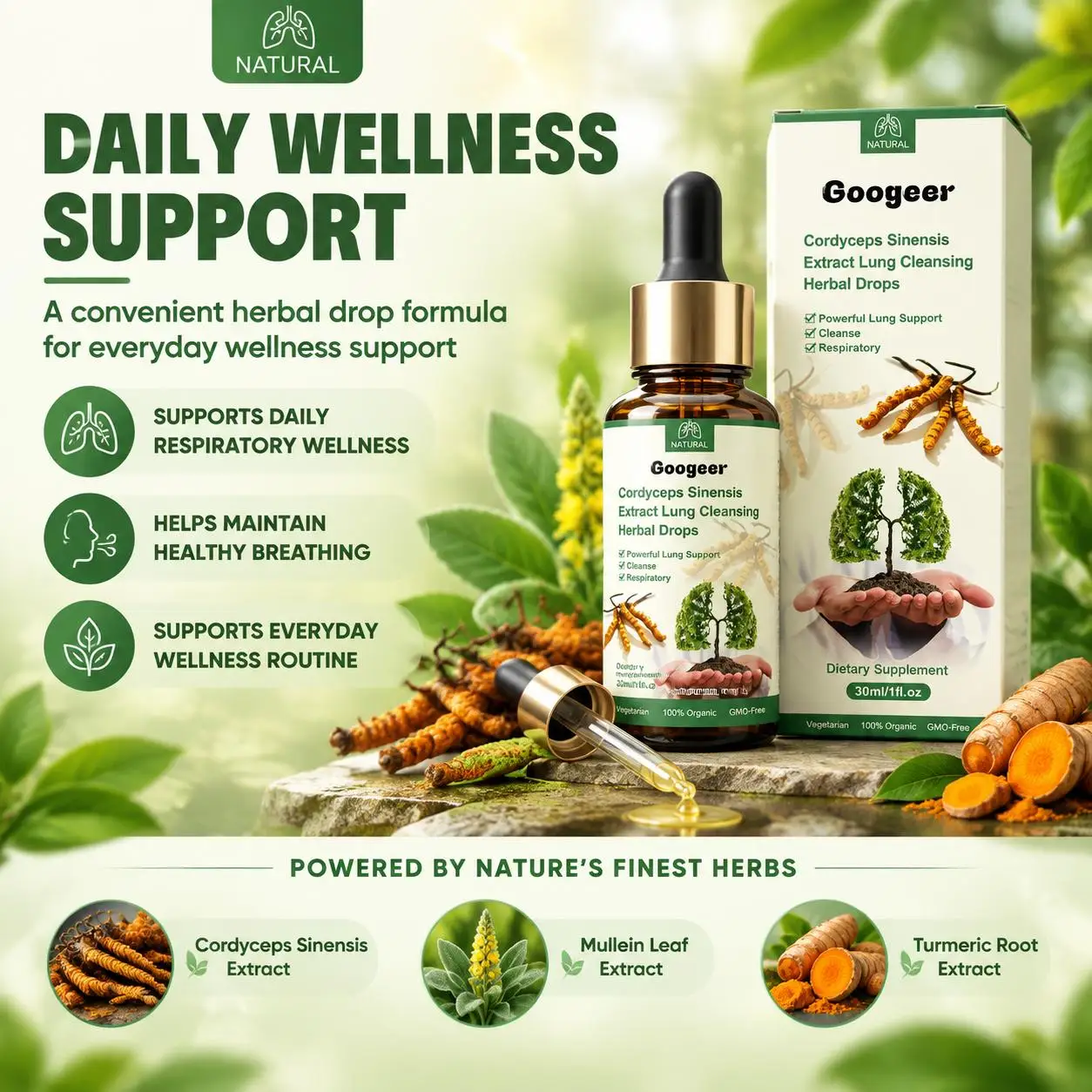 Googeer Cordyceps Sinensis Extract Drops with Turmeric Root Extract Support Lung Function and Healthy Oxygen Exchange 30 ML