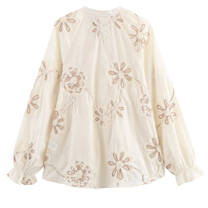 2025 Spring Women Embroidery Blouse V-Neck Long Sleeve Drawstring Neckline Casual Loose Tops Streetwear New Casual Chic Shirt