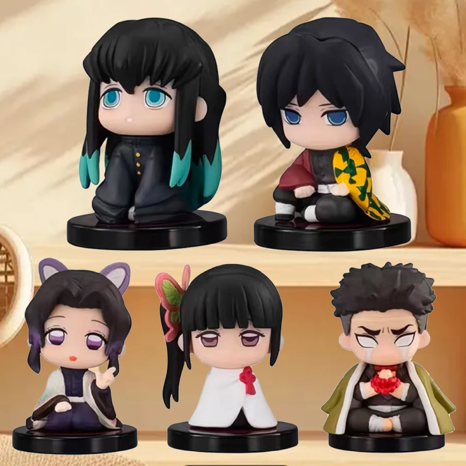 5pcs Action Figure Toy Anime Kimetsu no Yaiba Q Version Sitting Tanjiro Nidouzi Inosuke Zenizu PVD Figurine Model Doll Gifts