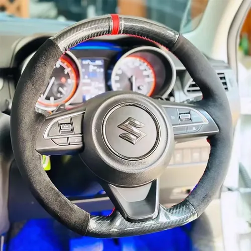 Imagen 2 del producto Para Suzuki Sierra Swift Sport Teszt Baleno 2018-2024 cosido a mano antideslizante negro gamuza de carbono protector para volante de coche