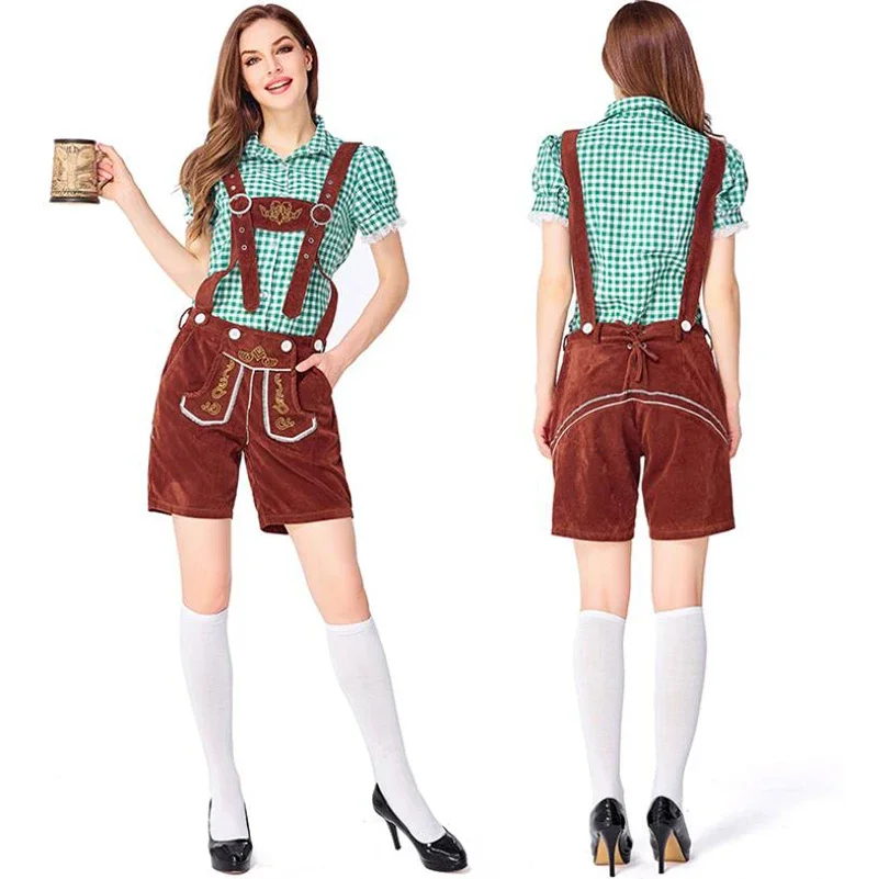 

Women Germany Oktoberfest Costume Embroidered Suspenders Lederhosen and Plaid Shirt Suit Bavarian Carnival Cosplay Party Dress