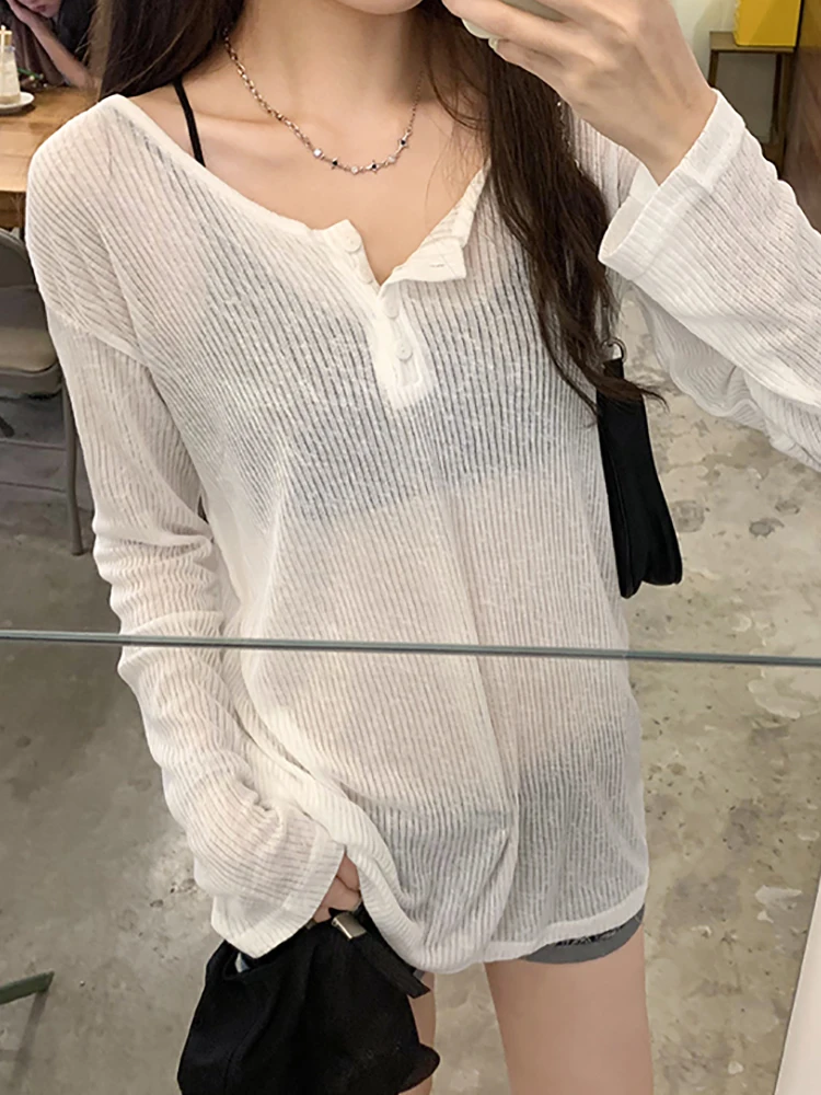 

T-shirt For Women Long Sleeve Loose O Neck Backless Top Summer Ladies Clothing Black White T Shirts Screw Thread Thirts Woman