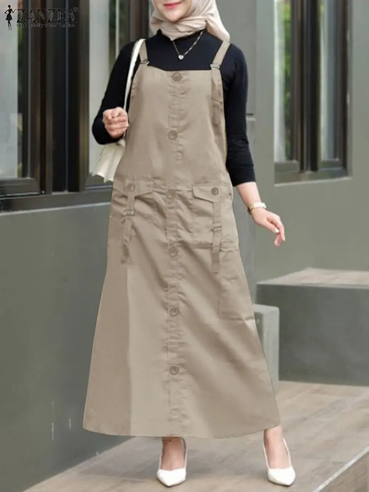 2024 ZANZEA Summer Elegant Overalls Dress Muslim Abaya Oversize Sundress Women Vintage Strap Solid A Line Vestidos Robe Kaftan