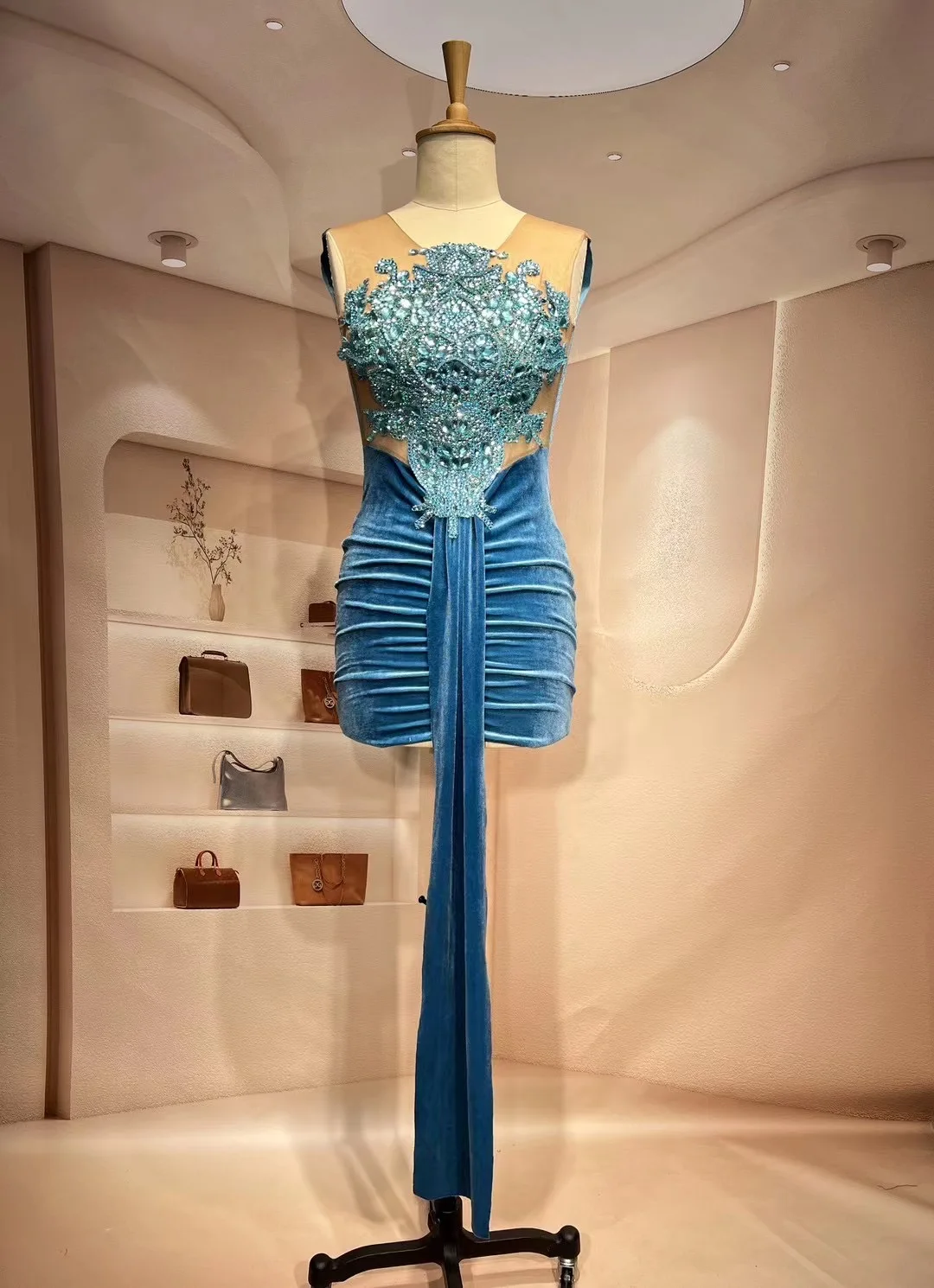 ZnaimI Night Party Evening Ruched PatchworkVelvet Bodycon Mini Dress Women Embroideryeathers Mesh See-through Birthday Robe C227