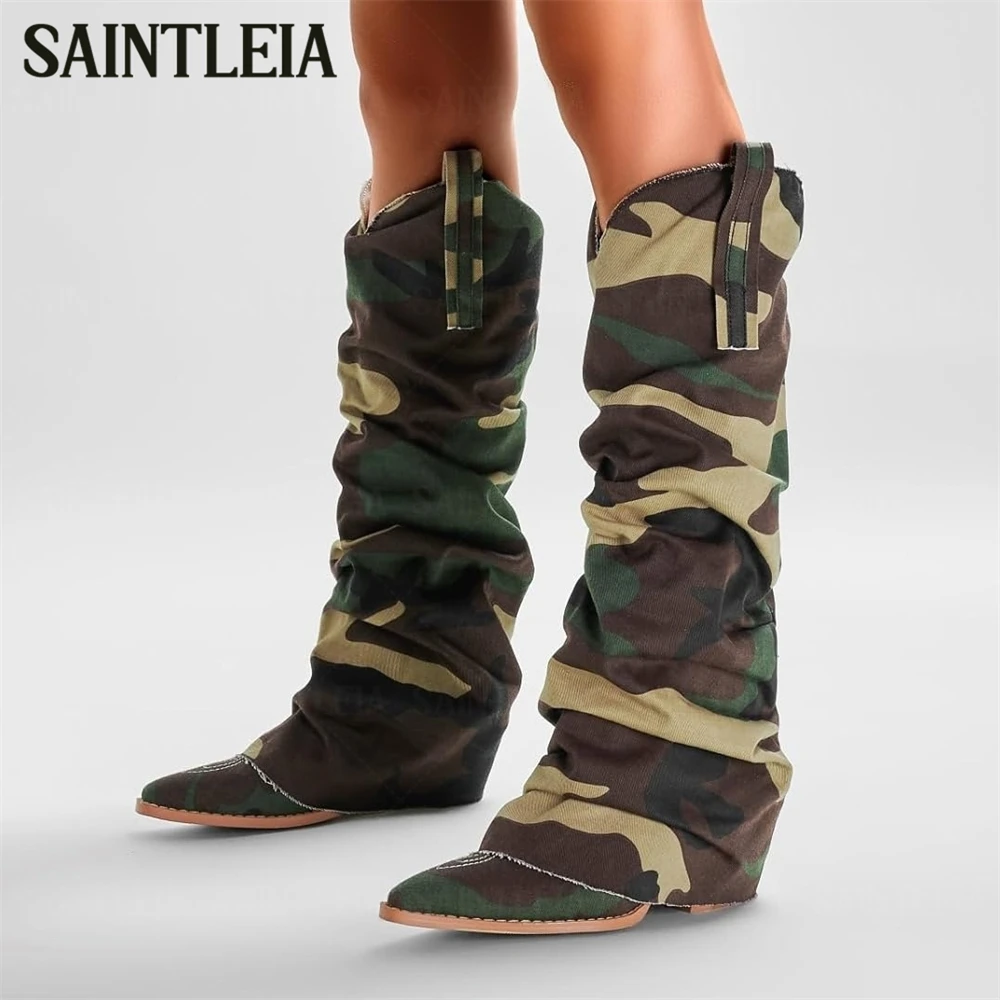Camouflage Print Mid Heel Knee High Boots Camo Pattern Mid Length Cowboy Boots Pleated Details Pointed Toe Pull on Women's Boots