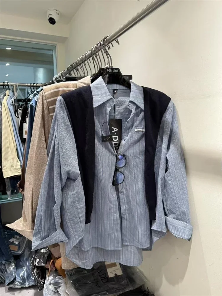 

Рубашка с длинным рукавом и воротником в корейском стиле, с дизайнерской надписью, для ранней осени, визуально стройнящая, больших размеров, для повседневной носки