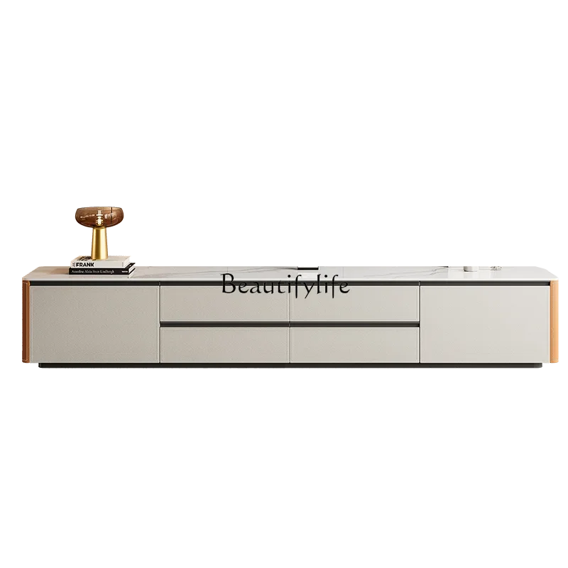 

L*Minimalist Cream Wind TV Cabinet Modern High-end Light Luxury Saddle Leather Solid Wood Floor Cabinet