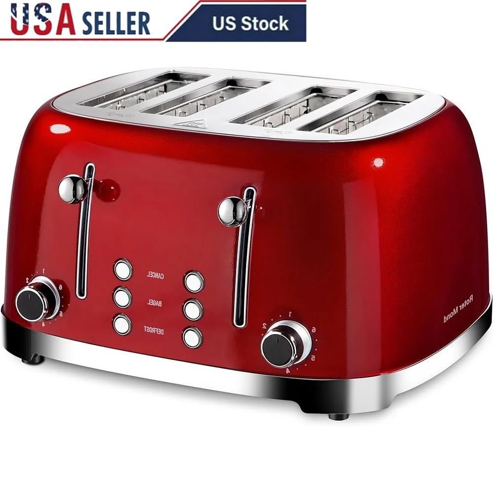 

4 Slice Toaster Retro Stainless Steel Bagel Defrost Cancel Functions 6 Browning Settings Extra Wide Slots Removable Crumb Tray