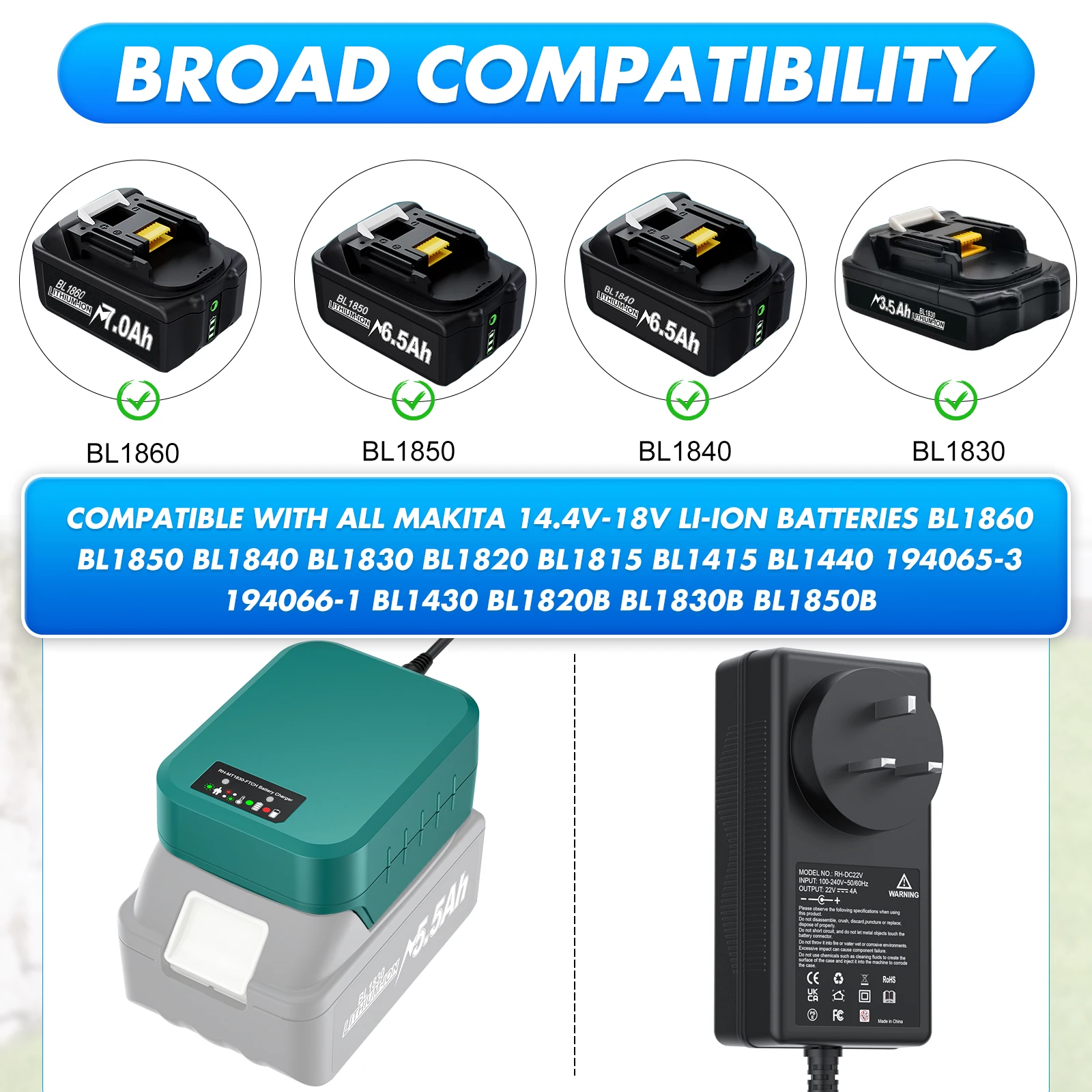 For Makita BL1830 Battery Charger 4A 14.4V-18V Li-ion Battery Compatible with BL1840 BL1850 BL1860 BL1820 BL1815 Split Charger