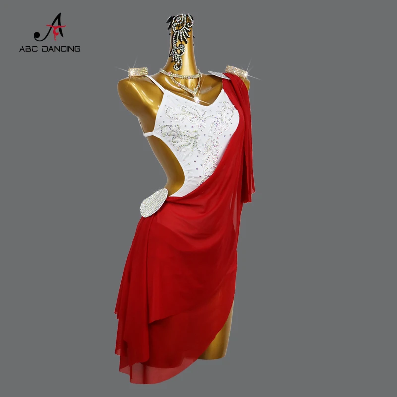 Falda roja de competición de baile latino para mujer adulta, vestido Sexy de fiesta, ropa de salón, ropa de diamante, práctica de Salsa personalizada, 2024