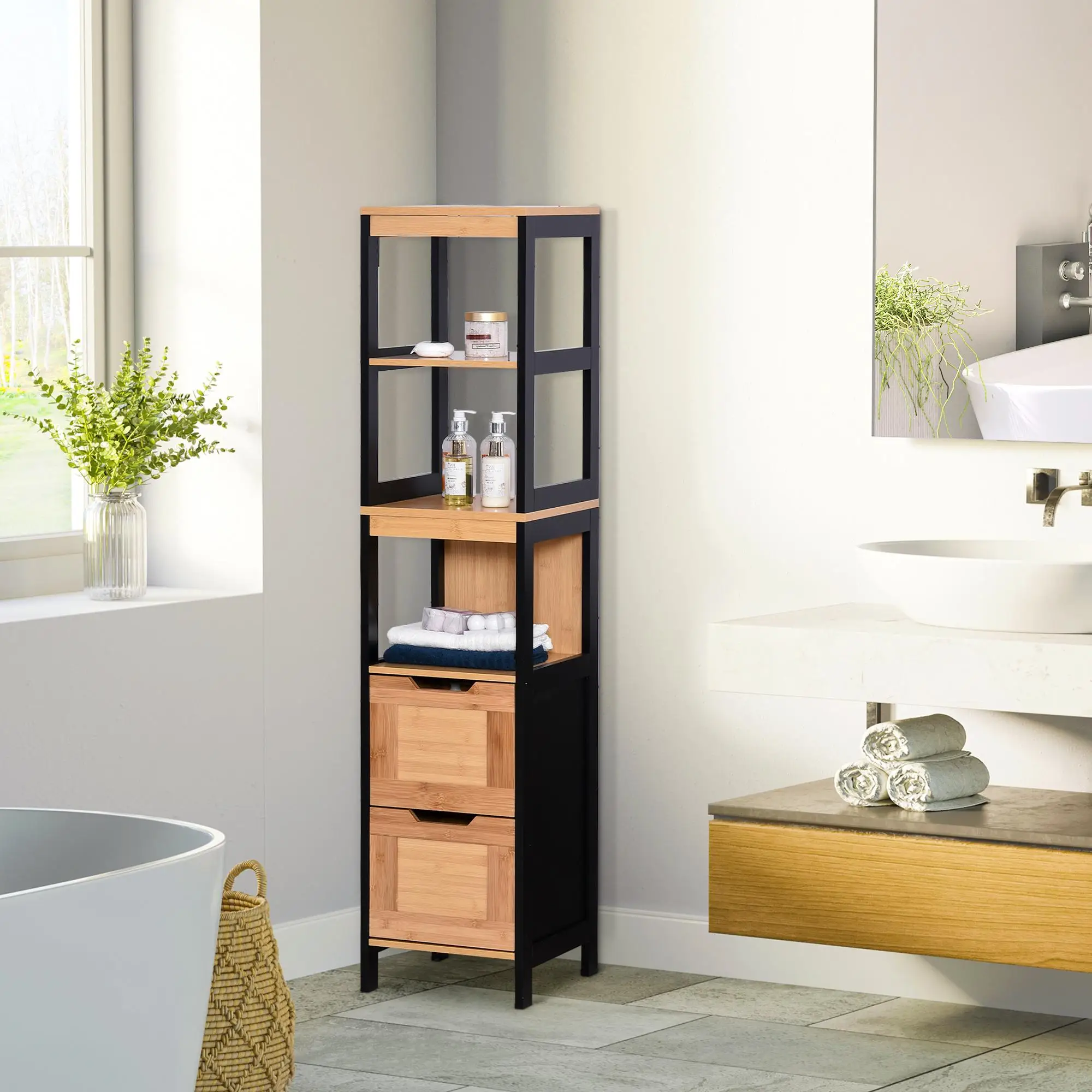 Armoire haute pour salle de bain 30x30x144,3 cm avec 3 niveaux et 2 tiroirs, aspect bois naturel et noir